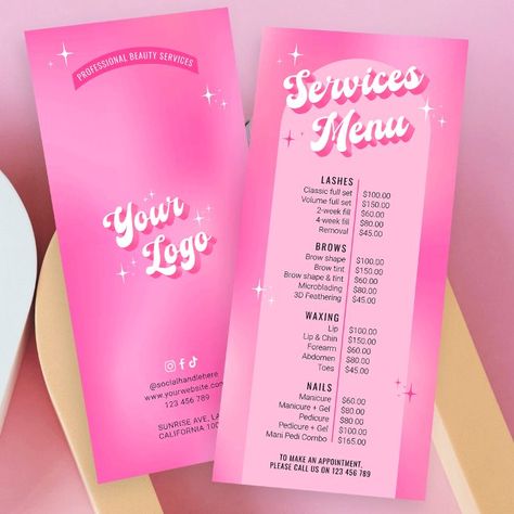 Esthetics Service List, Nail Service Menu Ideas, Pink Menu Design, Nail Flyer Ideas, Nail Tech Price List, Price List Nails, Fonts Groovy, Nail Business Cards, Spa Price List