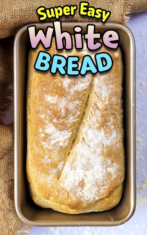 A white loaf of bread with a text overlay title. Homemade Loaf Bread Easy Recipes, White Bread Recipe Homemade One Loaf, Healthy White Bread Recipe, Quick White Bread Recipes, Home Made Bread Easy, Easy Homemade White Bread, Simple White Bread Recipe, Fast Bread Recipe Easy, White Bread Recipe Homemade