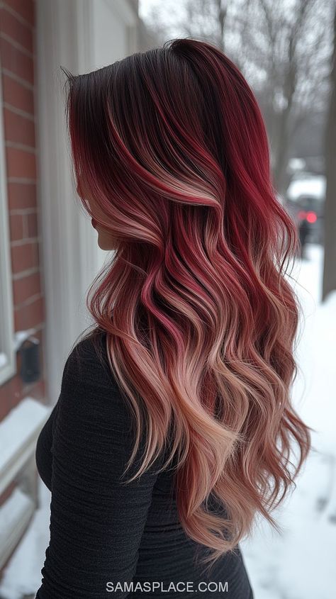 Cute Colors To Dye Your Hair, Brown To Red Ombre Hair, Red And Caramel Highlights On Dark Hair, Brunette With Red Highlights, Unique Dyed Hair, Balayage Hair Red, Copper Ombre Hair, Dark Brown Hairstyles, Burgundy Ombre Hair