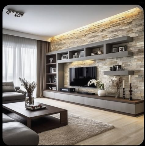 Asymmetrical Living Room Built Ins, Big Tv Unit Design Modern, Big Screen Tv Wall Ideas, Living Room Units Modern, Big Windows Living Room, Modern Tv Room, Living Room Wall Units, Modern Tv Wall, Tv Room Design