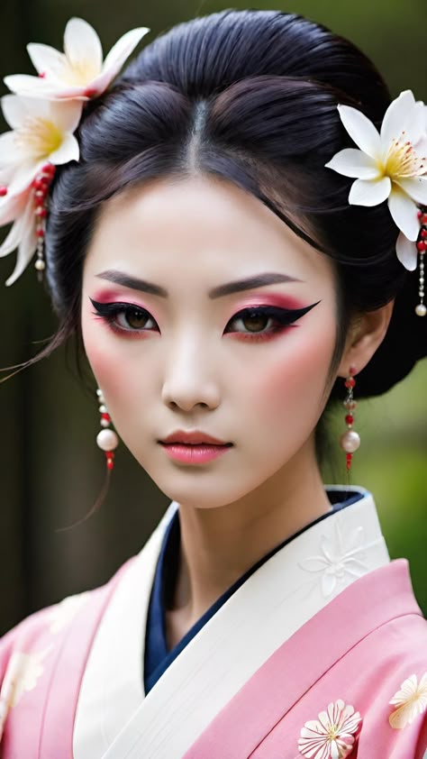 Mulan Makeup Look, Geisha Makeup Halloween, Geisha Makeup Modern, Chinese Eyeshadow, Traditional Japanese Makeup, Chinese Traditional Makeup, Chinese Makeup Look, Ninja Makeup, Hanfu Makeup