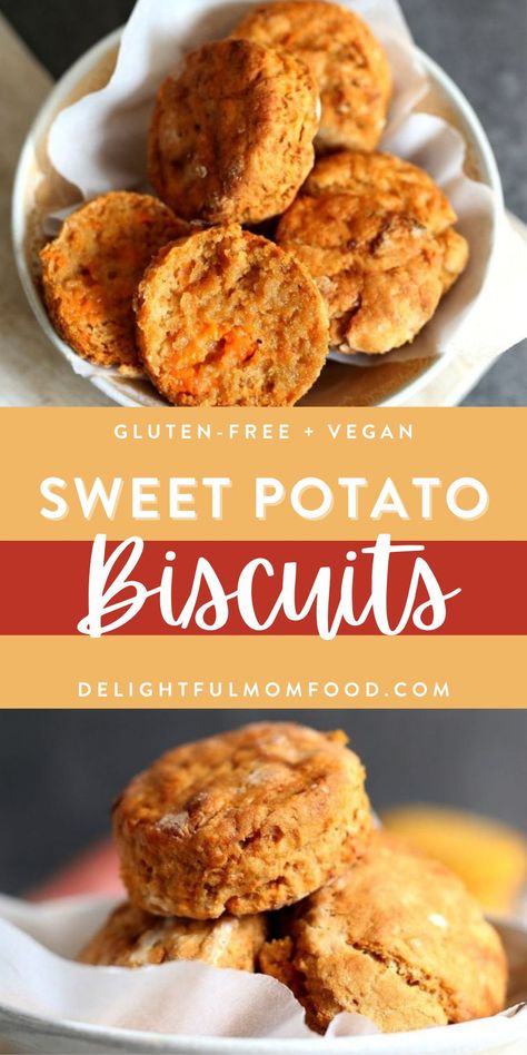 These healthy sweet potato biscuits are the perfect mixture of sweet and savory, with a soft, fluffy texture you'll love! They are gluten free, dairy free, and vegan, and they use apple sauce to give them sweetness but keep them light and healthy. Bake up these easy biscuits for a cozy southern appetizer or or side that's perfect topped with a dose of honey butter or jam! #sweetpotatorecipes #sweetpotatobiscuits #healthybiscuits #homemadebiscuits #glutenfreebiscuits Sweet Potato Rolls Recipe, Biscuits Fluffy, Sweet Potato Appetizers, Sweet Potato Rolls, Potato Biscuits, Gluten Free Sweet Potato, Vegan Biscuits, Sweet Potato Bread, Sweet Potato Biscuits