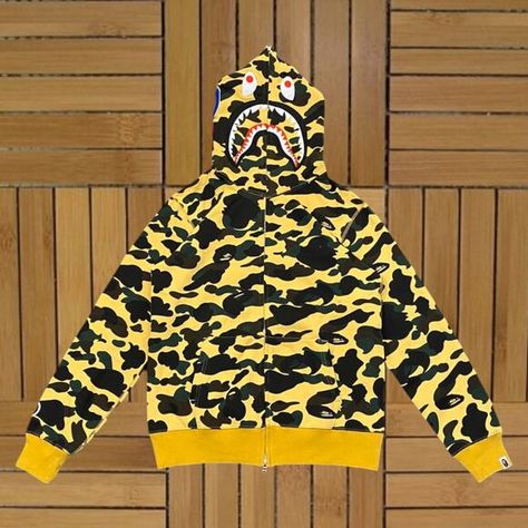 Bape Black And Yellow Camo Shark Full Zip Parker Hoodie Bape Black, Bape Shirt, Yellow Camo, Hoodie Yellow, Bape Hoodie, Yellow Hoodie, Black And Yellow, Colorful Hoodies, Black N Yellow