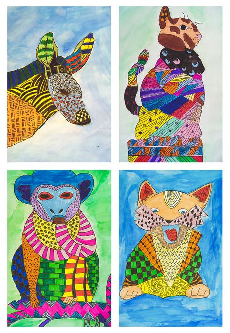 How To Draw Animal Faces, Animal Zentangle Art, Zentangle Art Projects, Art For Middle Schoolers, Zoo Animals Drawing, Animal Collage Art, Animal Art Projects For Kids, Third Grade Art Project, Zentangle Animals Art