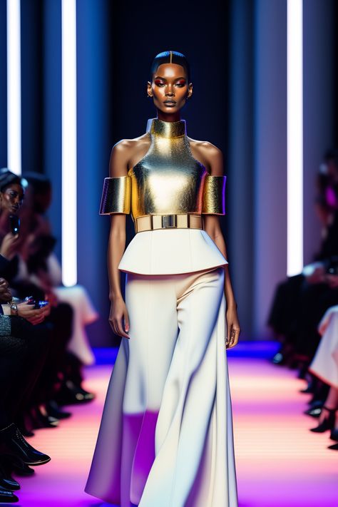 Lexica - Hyperrealistic and heavy detailed Dior runway show of Futurism , leica sl 2 5 0 mm, vivid color, high quality, high textured, real life Fashion Of The Future, Futurism Clothing, Futuristic Elegance, High Tech Fashion, Future Clothing, Alien Clothes, Futurism Fashion, Dior Runway, Runway Outfits