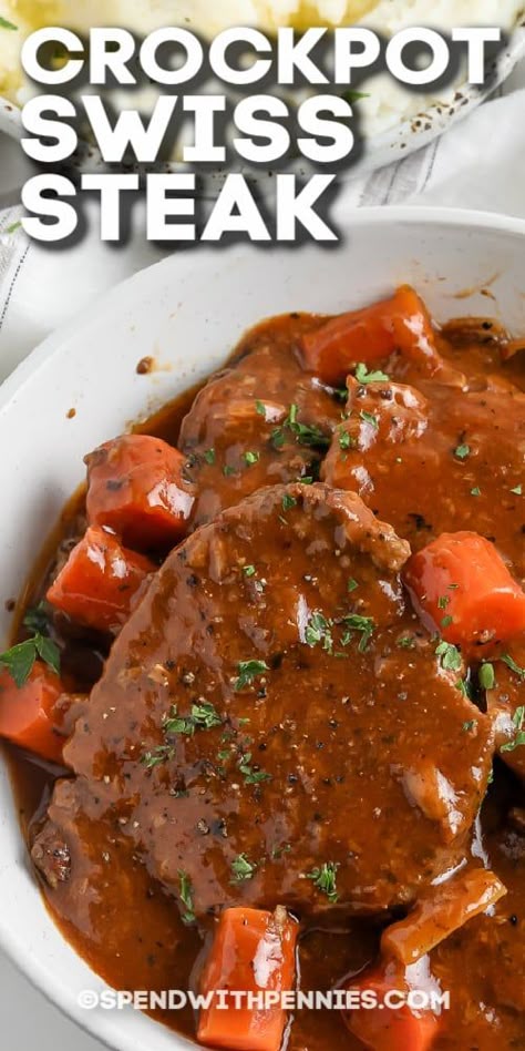 Crockpot Swiss Steak, Swiss Steak Crockpot, Swiss Steak Recipes, Round Steak Recipes, Crockpot Steak, Cube Steak Recipes, Swiss Steak, Beef Stew Crockpot, Crockpot Recipes Beef