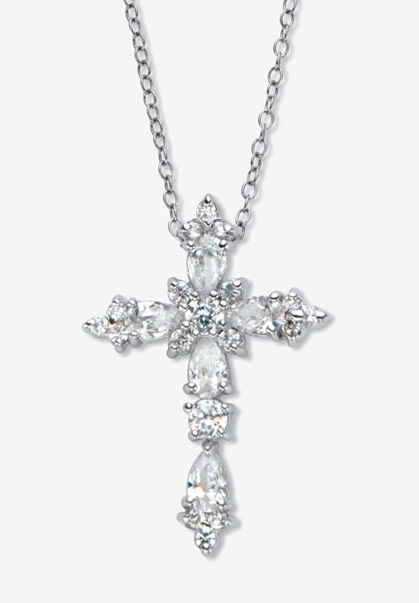 Styled with ethereal elegance and made of our signature cubic zirconia, this dazzling cross features 1.48 carats T.W. of brilliantly set pear-cut and rounds. The perfect cross for that special occasion. 18" chain. Platinum-plated sterling silver.FABRIC: Platinum-Plated Sterling SilverMain Stone: 5 Pear Faceted Cut Cubic Zirconias, 1.00 carat total weight, 5 mm x 3 mm2 Round Faceted Cut Cubic Zirconias, .20 carat total weight, 3 mm x 3 mm4 Round Faceted Cut Cubic Zirconias, .10 carat total weight Silver Necklaces Cross, Silver Cross Chain, Quinceanera Necklace, Ethereal Elegance, Silver Jewlery, Silver Cross Necklace, Sterling Silver Cross Pendant, Silver Fabric, Silver Cross Pendant