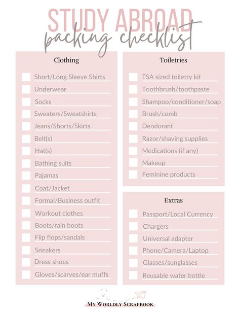 Checklist For Study Abroad, International Student Packing List Uk, Study Abroad Checklist Student, International Student Packing List, University Checklist, Study Abroad Packing List, Essential Packing List, Study Abroad Packing, Abroad Packing List