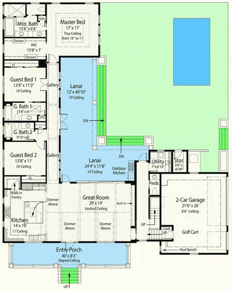 energy-efficient-house-l-shaped-lanai-33161zr21 L Shaped Floor Plans, Energy Efficient House Plans, U Shaped House Plans, L Shaped House Plans, U Shaped Houses, L Shaped House, Courtyard House Plans, Plans Architecture, Beach House Plans