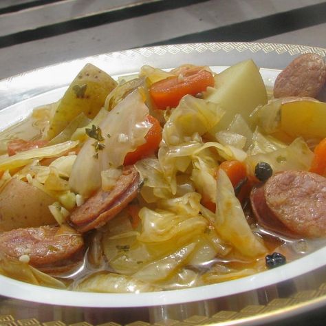 Portuguese Sausage & Cabbage Soup | Just A Pinch Recipes Sausage And Cabbage Soup, Portuguese Bean Soup, Portuguese Soup, Sausage Cabbage, Sausage And Cabbage, Kielbasa Soup, Portuguese Sausage, Hearty Soup Recipes, Soup Ideas