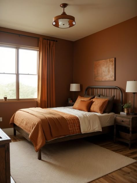 Rustic Orange Wall Paint, Burnt Orange Curtains Bedroom, Rust Bedroom Walls, Burnt Sienna Bedroom, Burnt Orange Room Aesthetic, Orange Theme Bedroom, Burnt Orange Bedroom Walls, Burnt Orange Accent Wall Living Room, Bedroom Orange Accents