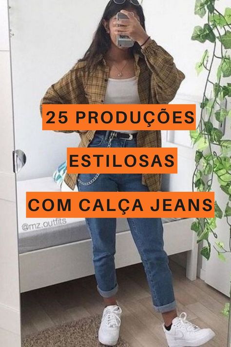 Quando se trata de montar looks práticos, confortáveis e com muito estilo existe uma combinação que se torna imbatível: calça jeans e tênis. Camisa xadrez amarela, regata branca, cinto com corrente na cintural, mom jeans, tênis branco, nike air force.  #dicas #calçajeans #momjeans Looks Com Tenis Nike Air Force, Look Com Mom Jeans, Tenis Nike, Jogger Jeans, Cropped Jeans, Nike Air Force, Air Force, Mom Jeans, Nike Air