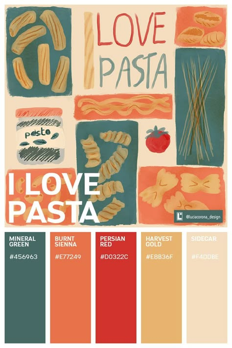 Love pasta quote. Vintage style illustration. Pasta illustration graphics. Poster art design Italian Inspired Graphic Design, Pasta Illustration Art, Pasta Color Palette, Pasta Design Graphic, Pasta Branding Design, Pasta Illustration Graphics, Recipe Graphic Design, Pasta Advertising, Italy Graphic Design