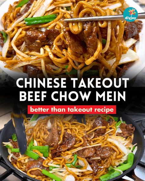 Chinese Takeout Beef Chow Mein Recipe | Better than Takeout Recipe | Easy Beef and Noodle Stir Fry via @diyjoycrafts Beef Chow Mein Recipe Easy, Beef Chow Mein Recipe, Beef Chow Mein, Noodle Stir Fry, Homemade Chinese, Homemade Chinese Food, Chow Mein Recipe, Chinese Takeaway, Chow Mein Noodles