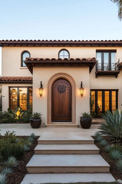 Modern Italian mediterranean house modern facade with large ornate wooden front door. Check out all of these stunning Italian Mediterranean houses that encapsulate elegant arches, textured stucco, charming terra cotta details, and so much more. Spanish Style Home Entrance, Mediterranean Style Front Porch, Spanish Home Exterior Colors, Italian Front Door, Modern Mediterranean Facade, Italian Modern House, Italian Style Home Exterior, Italian Architecture Homes, Exterior Mediterranean Homes