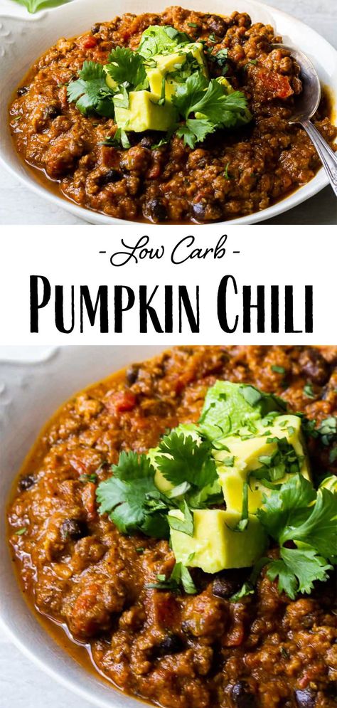 Pumpkin Chili - this low carb, gluten free Pumpkin Chili recipe is hearty and delicious! It's the ultimate mash up of two of fall's most comforting foods! This chili has a unique, seasonal taste and is the perfect way to warm up on a chilly autumn day. | #dlbrecipes #pumpkinchili #chili #pumpkinrecipes #lowcarb Puree Recipes, Pumpkin Chili Recipe, Low Carb Chili, Recipe Low Carb, Pumpkin Chili, Low Carb Low Fat Recipes, Chili Recipe Crockpot, Pumpkin Recipe, Boiled Egg Diet Plan