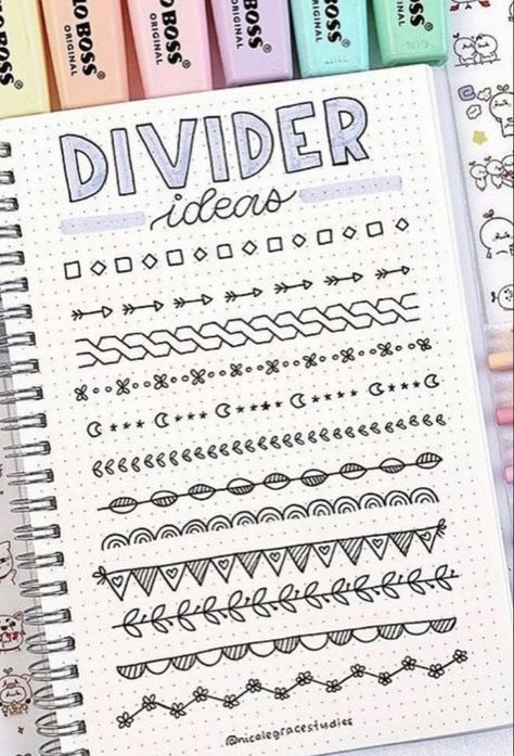 Fonts Notes Ideas, Aesthetic Notes Dividers, Cute Dividers For Notes, Divider Ideas Notes, Cricut Journal Ideas, Creative Study Notes Ideas, Aesthetic Title Page, Notebook Art Drawings, Margen Aesthetic