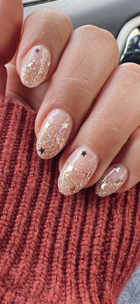 New Years Holiday Nails, New Year Nails 2023 Almond, Neutral With Glitter Nails, New Year Party Nails, New Year Nails Gold, New Years Nails Almond Shape Short, Classy Nye Nails, New Years Nails Round, New Years Wedding Nails