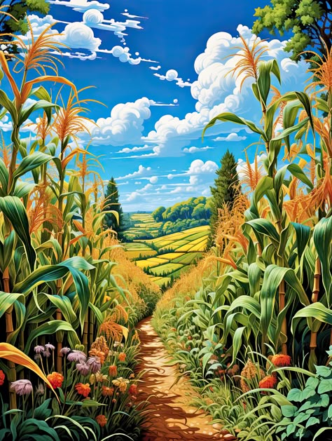 End of August / beginning of septembre is corn season here in Canada, So I just made a corn field Corn Field Painting Acrylic, Corn Field Illustration, Cornfield Illustration, Corn Field Drawing, Corn Field Painting, August Painting, Corn Farm, Farmer Painting, Corn Painting