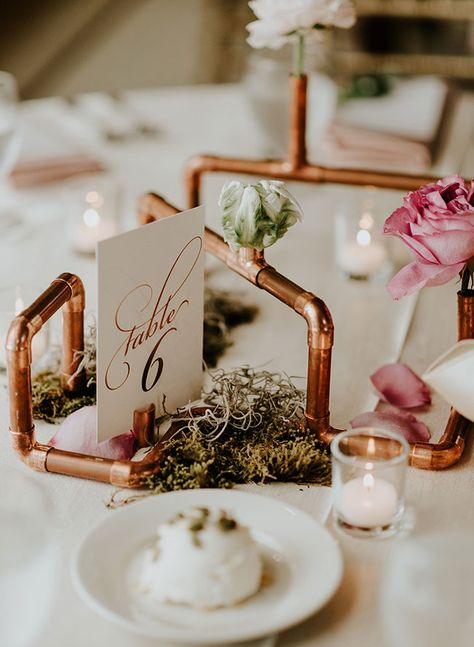 Blush and Burgundy Wedding with Copper Details - Inspired by This Copper Wedding Centerpieces, Copper Wedding Decor, Copper Wedding, Centerpieces Wedding, Copper Diy, Steampunk Wedding, Wedding Hashtag, Wedding Tables, Wedding Tablescapes