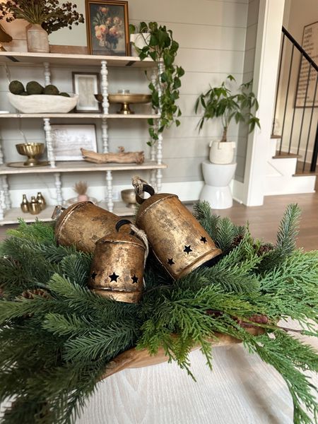 Sleigh Bell Decor, Christmas Bell Centerpiece, Decorating With Bells For Christmas, Cowbell Decorations, Cow Bell Decor, Pool Noodle Christmas, Christmas Mantles, Pool Noodle Crafts, Festive Centerpieces