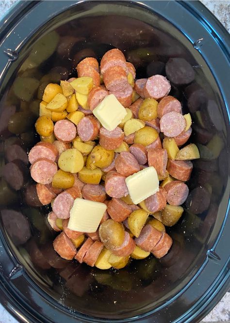 slow cooker sausage and potatoes dinner Sausage Recipes Potatoes, Kilbasa Sausage Recipes, Crockpot Sausage And Potatoes, Smoked Sausage And Potato Recipe, Sausage Crockpot Recipes, Potato Recipes Crockpot, Sausage Slow Cooker, Recipe For Sausage, Sausage And Potato Bake