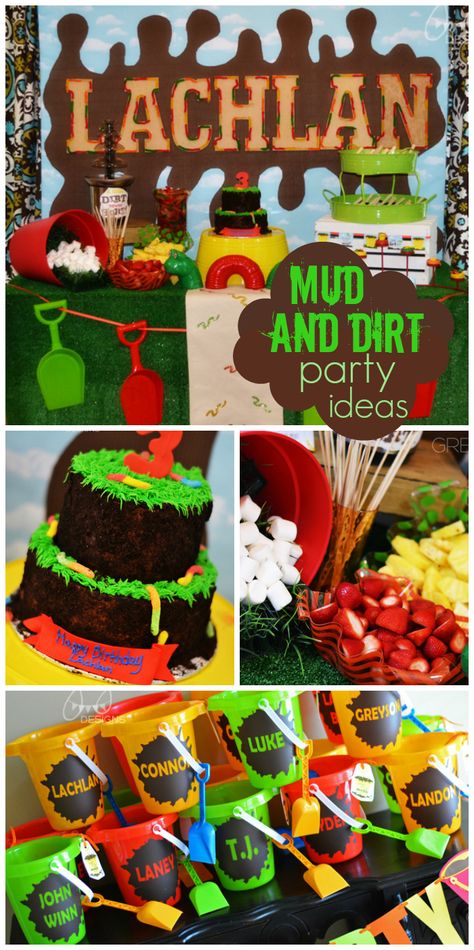 A mud and dirt third boy birthday party with colorful party favors and an awesome birthday cake!  See more party ideas at CatchMyParty.com! Dirt And Worms Birthday Party, Mud Themed Birthday Party, Mud Birthday Party Ideas, Mud Party Ideas, Mud Birthday Party, Dirt Themed Birthday Party, Dirt Birthday Party, Truck Birthday Party Cake, Monster Truck Cake Ideas