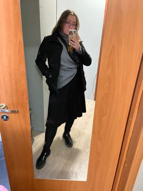 Useful for #plussize black fitted coat, black long skirt, gray men's sweater, black woolen tights Woolen Tights, Black Long Skirt, Dark Outfit, Fitted Coat, Dark Outfits, Coat Black, Sweater Black, Black Fits, Men's Sweater