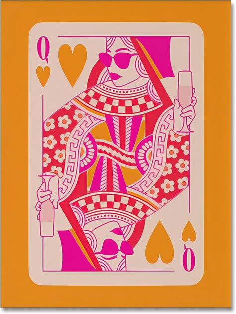 Amazon.com: Usoway Funny Canvas Preppy Wall Art Print Orange Queen of Hearts Poker Lucky You Poster Funky Posters Playing Card Trendy Casino Decor for Bedroom Game Room 12 x 16 in Unframed: Posters & Prints Back Of A Playing Card, Playing Cards Poster Design, Poker Card Illustration, Queen Card Art, Queen Playing Card Art, Playing Cards Poster, Queen Card Illustration, Funky Art Inspiration, Poker Card Art