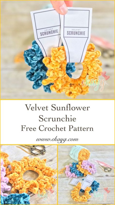 Velvet Sunflower, Diy Crochet Hair Accessories, Scrunchie Crochet Pattern, Sunflower Scrunchie, Scrunchie Crochet, Disney Crochet Patterns, Scrap Yarn, Crochet Hair Accessories, Crochet Sunflower