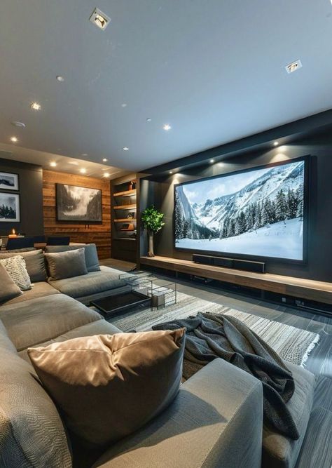 Large Tv Room Ideas, Apartment Theater Room, Basement Large Tv Wall, Cozy Basement Tv Room, Basement Family Room Ideas Cozy Living Interior Design, Functional Basement Ideas, Large Tv Living Room, Projector In Basement, Living Room With Large Tv