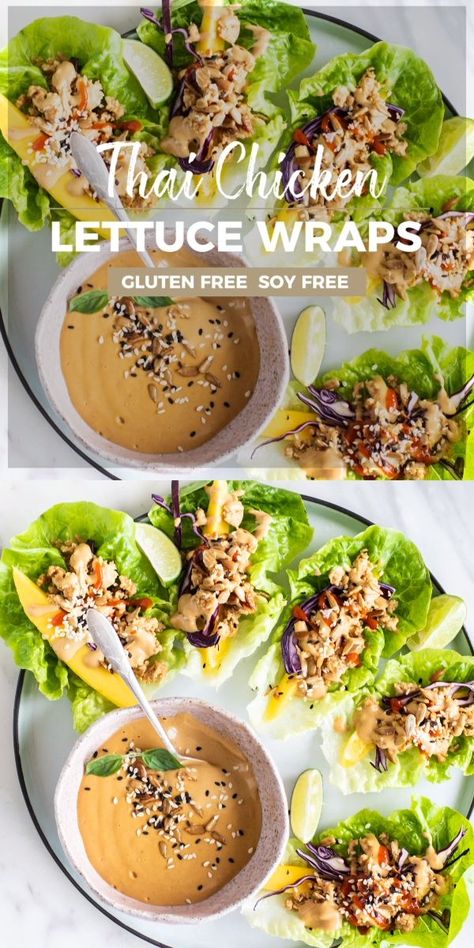 These Thai Chicken Lettuce Wraps are sure to be your new favorite lunch! A spicy ginger and shallot chicken mixture is layered on to crisp lettuce with mango, crunchy cabbage, and a creamy and spicy SunButter sauce (similar to a peanut sauce!). | SUNKISSEDKITCHEN.COM | #SunkissedKitchen #chicken #thai #lettucewraps #lowcarb #paleo #healthy #whole30 Letucce Wraps, Shallot Chicken, Thai Chicken Lettuce Wraps, Chicken Thai, Heart Recipes, Resep Salad, Lettuce Wrap Recipes, Chicken Lettuce Wraps, Thai Chicken