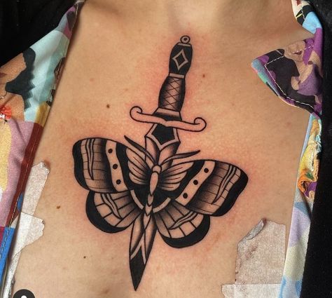 Moth And Dagger Tattoo, Moth Dagger Tattoo, Butterfly Dagger Tattoo, Traditional Style Tattoo, Phoenix Tattoo Design, Moth Tattoo, Dagger Tattoo, Thigh Tattoos Women, Cute Tattoos For Women