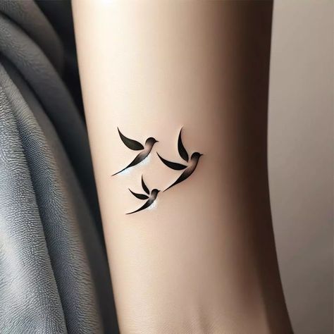 Mom And Daughter Tattoos Birds, Three Angles Tattoo, Bird Tatoos Woman Wrist, Birds Flying Tattoo Design, 3kids Tattoo Ideas, Bird Family Tattoos For Women, Momma Bird And Baby Bird Tattoo, Empty Nest Tattoo Ideas, Mom 2 Daughters Tattoos