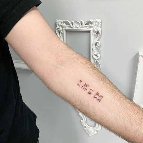 JK KIM on Instagram: “Him: “They’re the coordinates to my childhood home. I’ve only lived in one house my entire childhood...my mom is putting it up for sale…” Childhood Home Tattoo, Childhood Tattoo Ideas, Coordinate Tattoo Ideas, Coordinates Tattoo, Small Couple Tattoos, Ancient Tattoo, Men's Fashion Tips, Elements Tattoo, Graffiti Tattoo