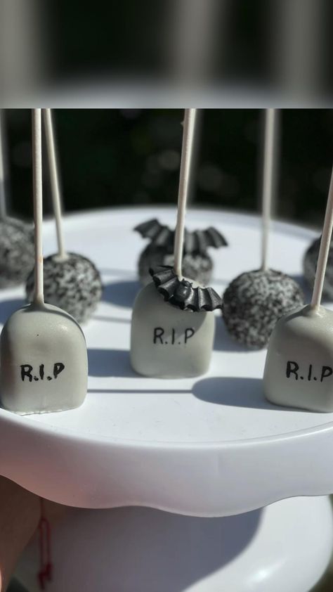 Halloween Themed 50th Birthday, 30th Birthday Cake Pops For Men, Rip 20s Dessert, 30th Birthday Cake Pops, Gothic Cake Pops, Wednesday Addams Birthday Treats, Goth Cake Pops, Wednesday Addams Cake Pops, Goth Treats