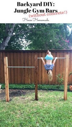 Backyard DIY: Jungle Gym Bars (without concrete!) | House Homemade Leveling Backyard, Backyard Bars, Backyard Jungle Gym, Concrete Backyard, Gym Bar, Kids Backyard, Play Area Backyard, Florida Landscaping, Backyard Swings