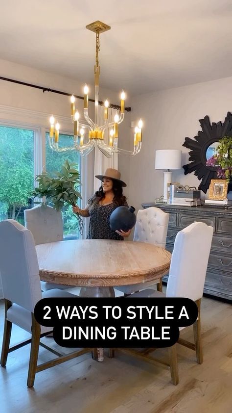 makinghouseahome on Instagram: ✨One dining area, two ways to style. Keep it simple with a vessel and greenery or add a Lazy Susan with a few other small decor items. Here… Small Round Table Decor Dining, Circular Chandelier Over Rectangle Table, Centerpiece For Round Dining Room Table, Table Centerpieces Round Tables, Dining Room Round Table Decor Ideas, Center Of Dining Table Decor, Round Dining Table With Runner, Dining Table Centerpiece Ideas Everyday, Round Table Runner Ideas Dining Rooms