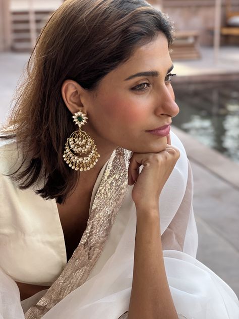 Gold plated silver alloy earrings with stone polkis and colored stones. Comes with push closures. Featured with Amina Saree and White Varn Sahibzadi Blouse. Earrings With Saree, Anu Merton, Polki Earrings, White Saree, Alloy Earrings, Colored Stones, Gold Plated Silver, Funny Laugh, Kerala