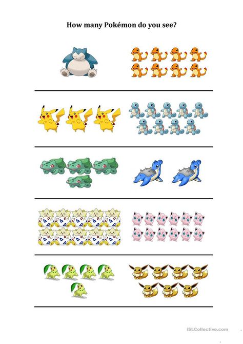 How many Pokemon do you see - English ESL Worksheets for distance learning and physical classrooms Pokemon Worksheets, Free Printable Pokemon, Pokemon Birthday Party, Learning Worksheets, Pokemon Party, Pokemon Coloring Pages, Pokemon Birthday, Handwriting Worksheets, Free Printable Worksheets