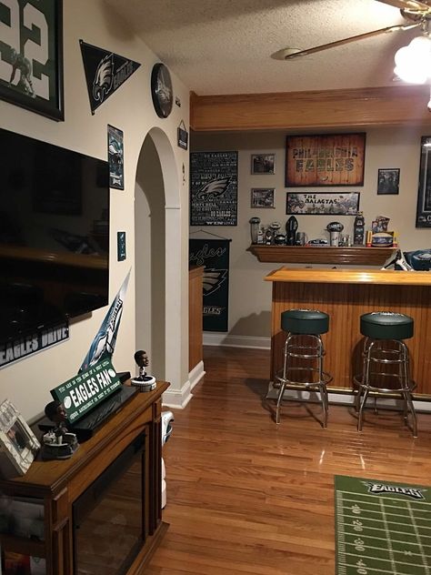 Nfl Man Cave Ideas, Eagles Basement Man Cave, Eagles Basement, Eagles Man Cave, Eagles Man Cave Ideas, Chicago Bears Man Cave, Miami Dolphins Man Cave, Room Ideas Men, Philadelphia Eagles Man Cave