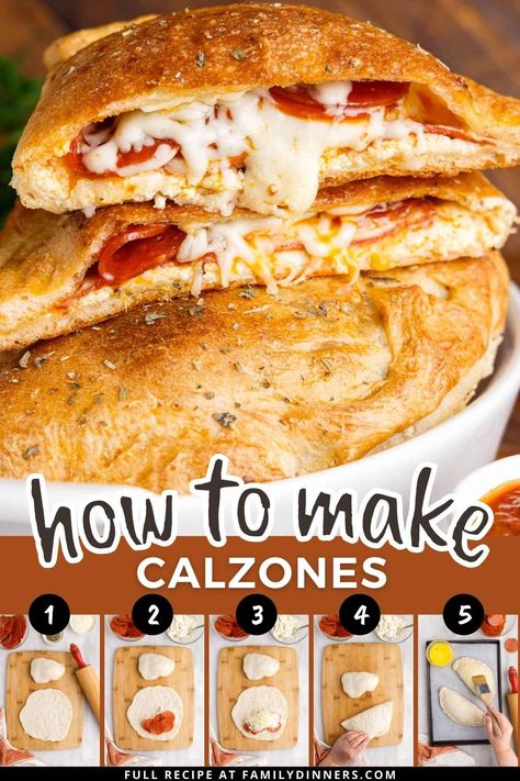 Learn how to make calzones with this easy pepperoni calzone recipe. Calzones are fun and quick to make for pizza night! Use premade pizza dough or make your own homemade pizza dough. These pepperoni calzones have a ricotta, parmesan and mozzarella cheese mixture plus a blend of spices. And don't miss the egg wash on the top of the calzone! Oven baked calzones are easy to make. Pepperoni Calzone, Calzone Recipe Easy, Homemade Calzone, Pizza Oven Recipes, Calzone Recipe, Recipes Pizza, Pizza Roll, Best Pizza Dough, Pizza Crust Recipe