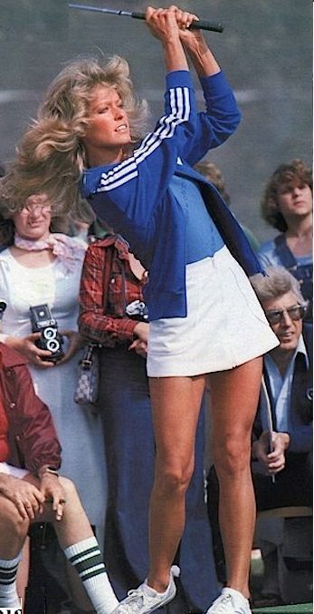 Farrah Fawcett, golfing 80s Sporty Outfits, Vintage Adidas Jacket, Vintage Track Jacket, Farrah Fawcet, Tennis Outfits, Kate Jackson, Girls Golf, Clubbing Aesthetic, Retro Graphics