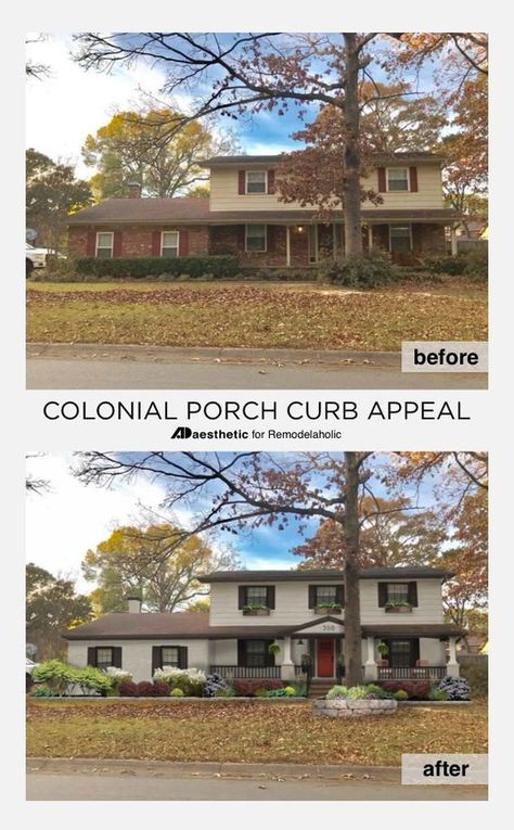 Colonial Porch Curb Appeal Ideas and Inspiration (with columns and railing) Colonial Curb Appeal, Colonial Porch, Curb Appeal Porch, Ad Aesthetic, Render Architecture, Colonial House Exteriors, Exterior House Renovation, Best Exterior Paint, House Makeovers