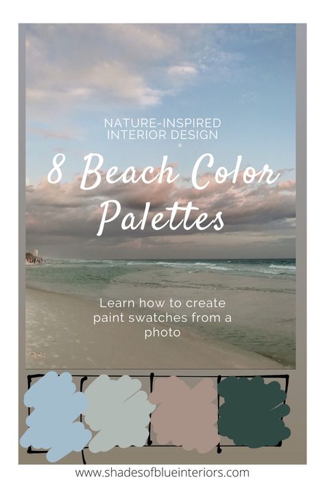 Get inspired by nature! Im sharing 8 beach photos with corresponding color palettes and matching paint colors. These color combinations are perfect for that coastal feel in your home, but usinf unconventional hues. Learn what tools I use to get create paint swatches from a photo on my phone! #beach #interiordesignideas Beach Photos Color Palette, Beach Tone Color Palette, Beach Pictures Color Palette, Color Pallet For Beach Pictures, Family Beach Color Scheme, Family Beach Pictures Color Palette, Color Scheme For Beach Family Photos, Beach Family Pictures Color Scheme, Beach Photo Color Scheme Family Pics