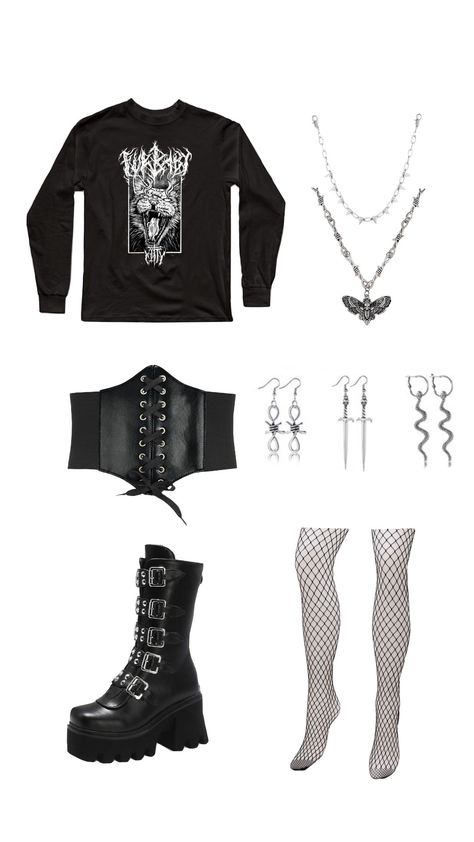 Metal concert outfit idea #outfit #outfitinspo #concertoutfit #metal #metalhead Metalhead Clothes, Metal Concert Outfit Ideas, Metalhead Outfits, Metal Concert Outfit, Metal Concert, Tour Outfits, Warped Tour, Five Fingers, Goth Fashion