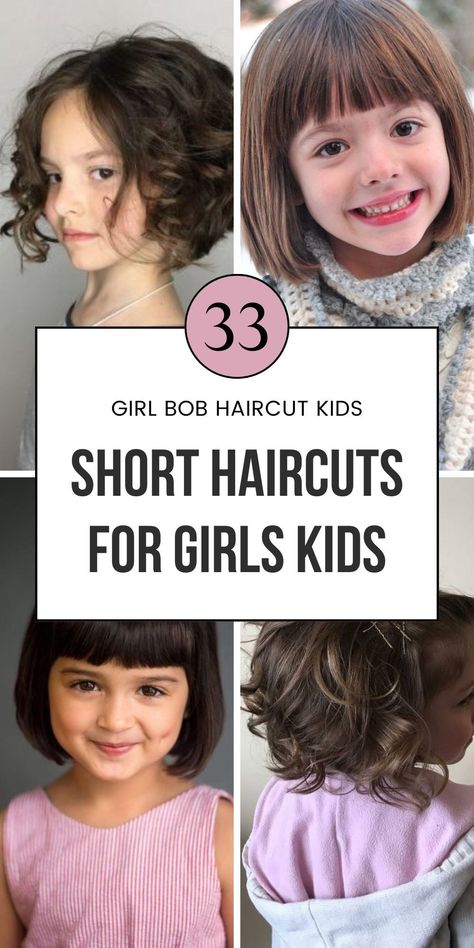 Check out 33 trendy short haircuts for girls kids! With easy-to-maintain options like shoulder-length styles and bob cuts, these ideas are perfect for busy parents. Find the right short hairstyle for girl in this comprehensive guide. Save this pin to Haircut Ideas and get inspired! Kids Haircut Girls Short, Kids With Bangs Girls, Haircuts For Kids Girls Short, Hairstyles For Girls Kids Short Hair, Short Hair Kids Girl, Kid Haircut Girl, Short Haircut For Girls Kids, Kids Bob Haircut With Bangs, Short Girls Haircut Kids