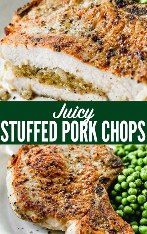 Juicy stuffed pork chops with a savory Parmesan breadcrumb filling. Seared to perfection and finished in the oven. So moist and tender! Stuffed Pork Chops On The Grill, Airfryer Stuffed Pork Chops, Jalapeno Popper Stuffed Pork Chops, Boudin Stuffed Pork Chops, Bone In Stuffed Pork Chops, Stove Top Stuffed Pork Chops, Stuffing For Pork Chops, How To Cook Stuffed Pork Chops, Stuff Pork Chops Recipes