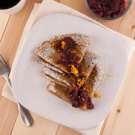 Sweet Potato Crepes with Orange Scented Cranberry Sauce Potato Crepes, Spelt Banana Bread, Salmon Spread, Thanksgiving Breakfast, Crepe Batter, Potato Puree, Crepe Recipes, Baked Sweet Potato, Honey And Cinnamon