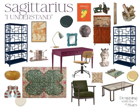 Our design for a worldly office suitable for Sagittarius, based on sun sign characteristics. Sagittarius Bedroom, Pisces Astrology, Aquarius Pisces, Sagittarius Capricorn, Scorpio Sagittarius, Libra Scorpio, Sun Sign, Room Signs, Sun